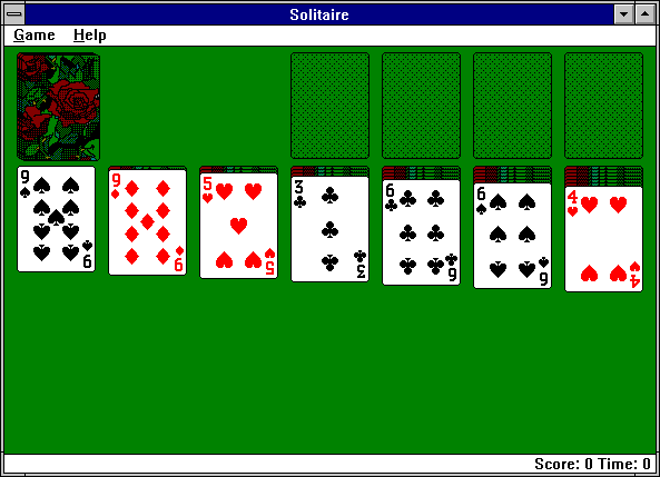 Microsoft Windows 3.1 (included games) (Windows 3.x) screenshot: Solitaire: Beginning of the game.