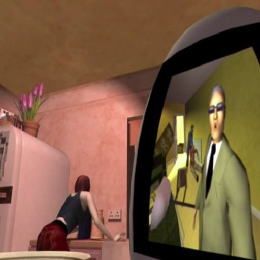 Endgame (PlayStation 2) screenshot: this is from a cut scene at the start of the game. Jade's friend issued a warning before he was killed, now she's looking behind the fridge for a gun
