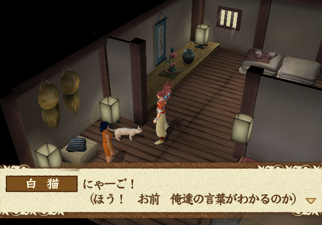 Tengai Makyō III: Namida (PlayStation 2) screenshot: One of the many, many houses in one of the many, many villages. You have a conversation with a cat!