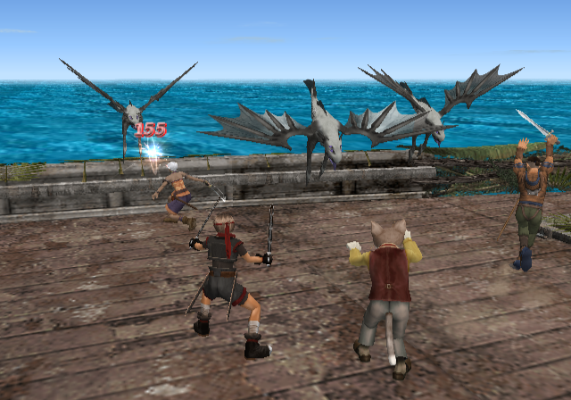 Suikoden IV (PlayStation 2) screenshot: Random battle on your ship - one of the many, many to come... They are fast and fluid, though. Meow!