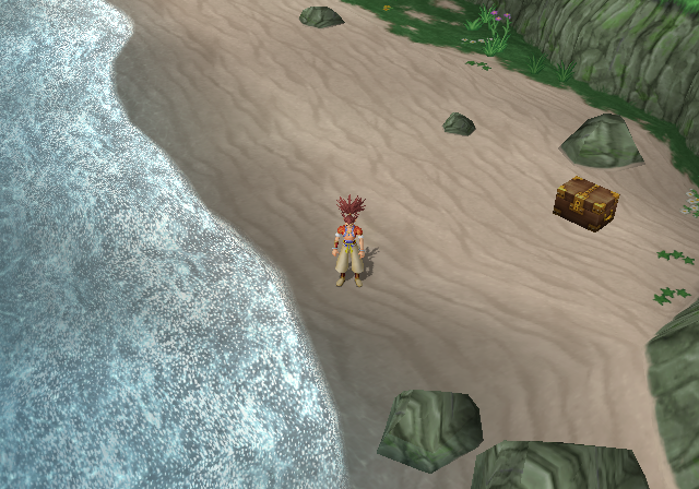 Tengai Makyō III: Namida (PlayStation 2) screenshot: A treasure chest on a shore