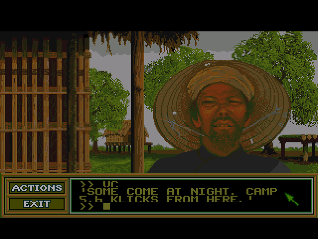 Lost Patrol (Amiga) screenshot: Talking to the villagers sometimes requires being brutal to get some answers. The sole talking works in a text-parsing way, though.