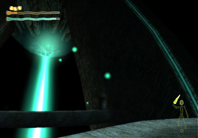 Shadow Tower: Abyss (PlayStation 2) screenshot: This strange, alien-like area is the game's only "friendly hub". Several other areas are accessed from here