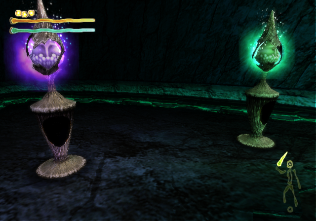 Shadow Tower: Abyss (PlayStation 2) screenshot: Such glowing colored orbs appear very rarely. This is a shop and a repair service. Two more colors stand for saving and healing