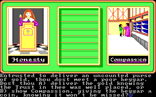 Ultima IV: Quest of the Avatar (DOS) screenshot: Character generation: answer a series of ethical questions to determine your class, stats, and starting location