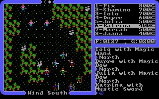 Ultima IV: Quest of the Avatar (DOS) screenshot: Battle in a forest clearing against some gay dudes. No, seriously, look at the color of their shirts!..