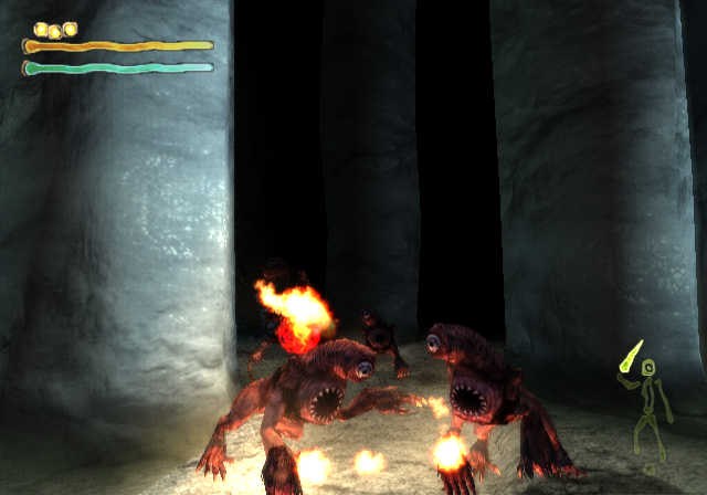 Shadow Tower: Abyss (PlayStation 2) screenshot: Chalkstone Area. Crazy monsters throw fire at me