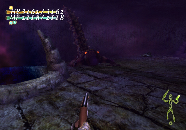 Shadow Tower: Abyss (PlayStation 2) screenshot: Violent Poison Area. They might have meant "violet"... Shooting at a lizard monster with my new revolver