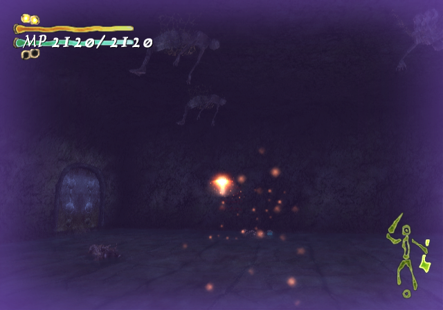 Shadow Tower: Abyss (PlayStation 2) screenshot: One of the many eerie scenes in the game. I test my new fire spell, trying not to look at the corpses...