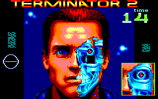 Terminator 2: Judgment Day (Amstrad CPC) screenshot: Level 5 - Repair damaged eye on the T101's face