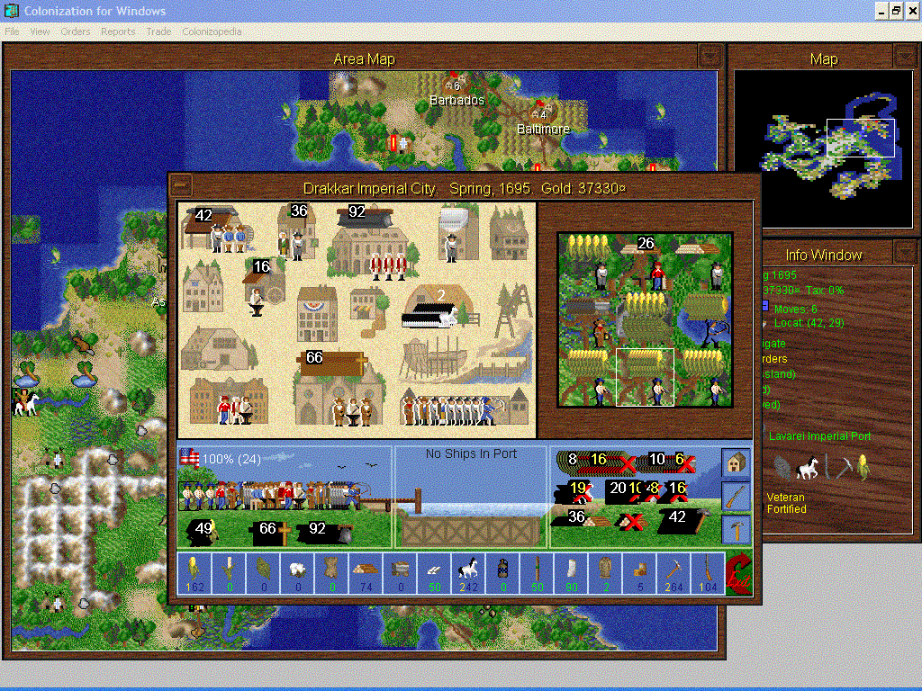 Sid Meier's Colonization (Windows 16-bit) screenshot: Town Screen - Strengthen your town by building new buildings, training new colonist skills and producing new world goods for profit