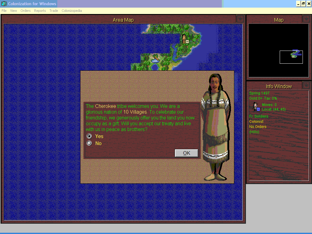 Sid Meier's Colonization (Windows 3.x) screenshot: First encounter with the Cherokee Tribe