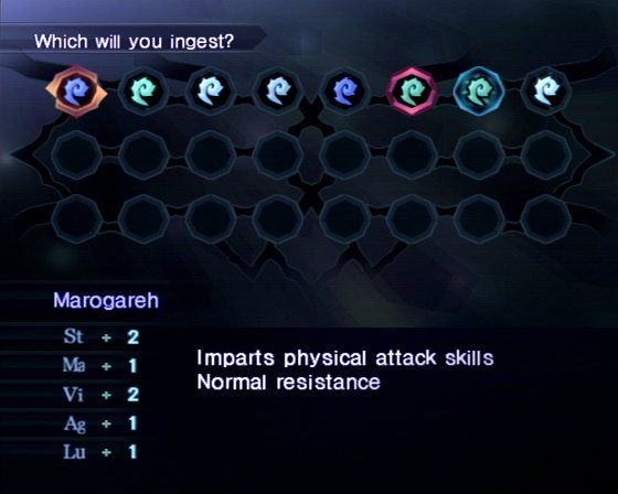 Shin Megami Tensei: Nocturne (PlayStation 2) screenshot: Change your stats and learn new abilities by ingesting a magatama