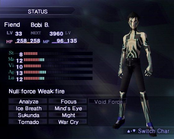 Shin Megami Tensei: Nocturne (PlayStation 2) screenshot: Character status screen