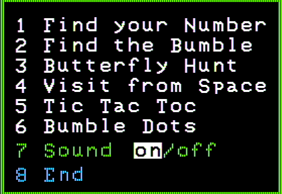 Bumble Games (Apple II) screenshot: Main Menu
