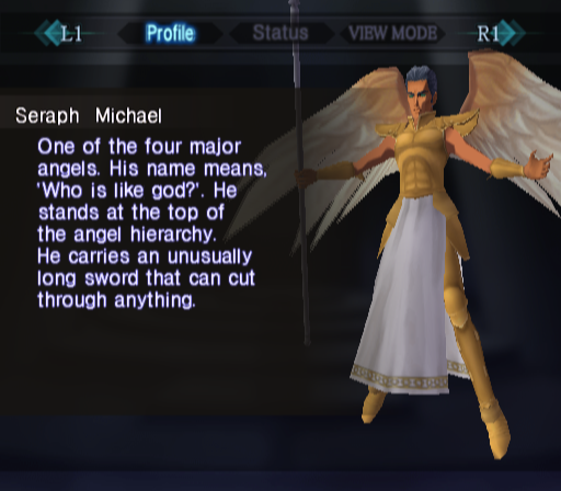 Shin Megami Tensei: Nocturne (PlayStation 2) screenshot: Demon compendium gives you descriptions, which are mythologically not always accurate. Fancy having archangel Michael in your party?..