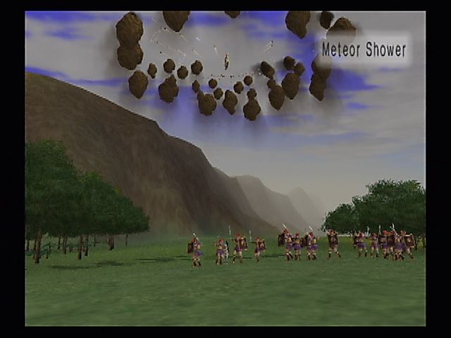 Kessen II (PlayStation 2) screenshot: The sky is falling! Some of the characters can cast literal ground-breaking war spells.