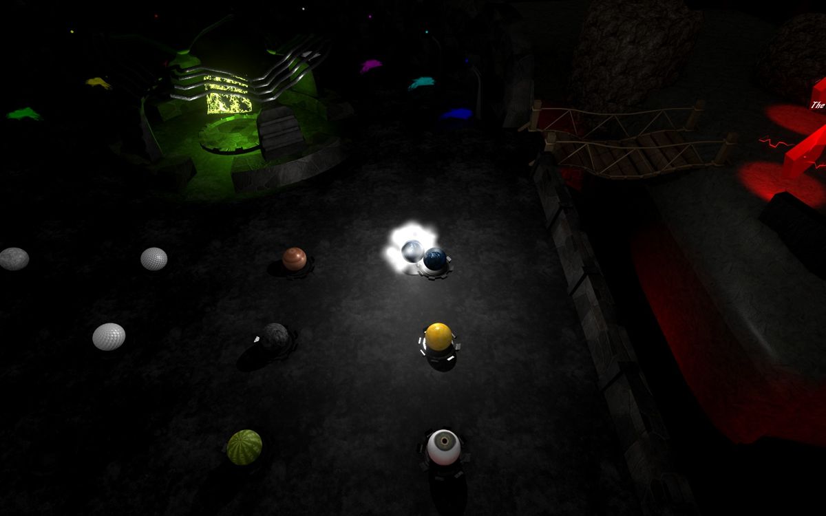 Dark Roll (Windows) screenshot: Marble customisation: Rolling into a coloured ball changed the players marble to an identical copy of it while the white balls on the left change the balls texture