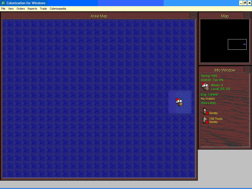 Sid Meier's Colonization (Windows 16-bit) screenshot: The Beginning. Nothing but blue unexplored hexes.