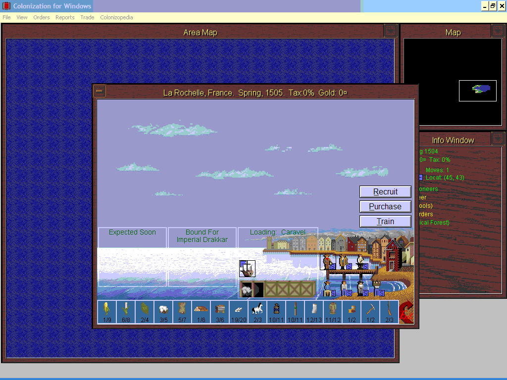 Sid Meier's Colonization (Windows 3.x) screenshot: Europe - Sell goods from the new world and transport immigrants and goods to build your colony!