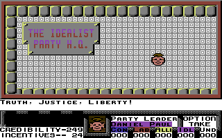 Election (Commodore 64) screenshot: At your party HQ.