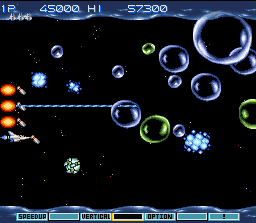 Gradius III (SNES) screenshot: These bubbles are toughing the Vic Viper's way!