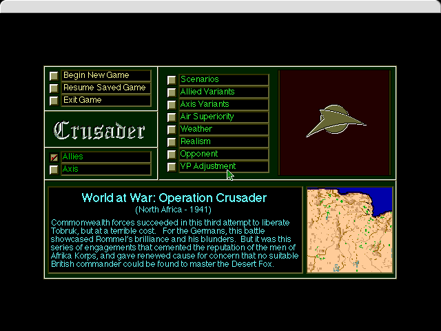 Operation Crusader (Macintosh) screenshot: Resume or begin a new game/scenario
