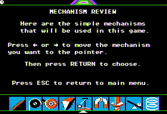 Creative Contraptions (Apple II) screenshot: Brushing up on basic mechanism operation