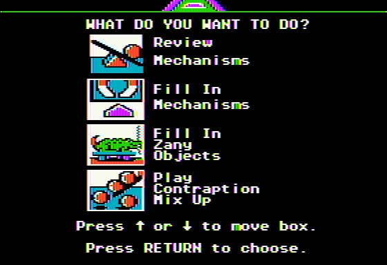 Creative Contraptions (Apple II) screenshot: Main menu