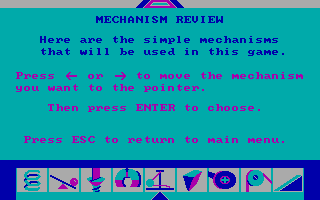 Creative Contraptions (DOS) screenshot: A tutorial on mechanism operation