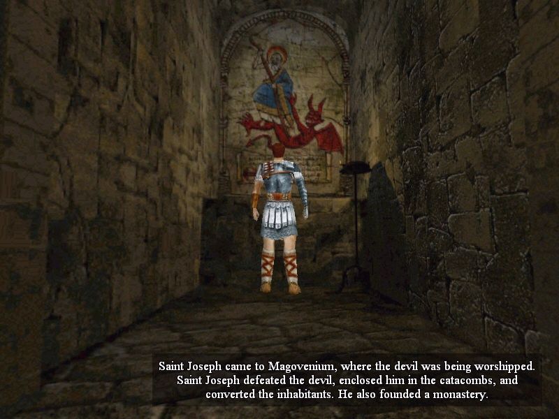 Arthur's Knights: Tales of Chivalry (Windows) screenshot: The Christian knight can get inside the monestary, while the Celtic knight has no need to. While examining each alcove there, the words are spoken in Latin but displayed in English.