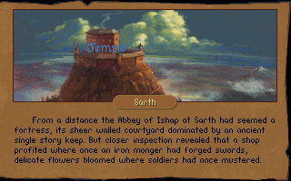 Betrayal at Krondor (DOS) screenshot: Sarth, a fortress city home of the Great Library and Temple of Ishap. Though one might prefer the excellent armory they have here too!