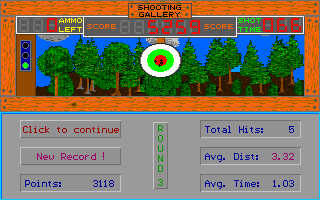 Shooting Gallery (DOS) screenshot: Round 3 is the Quick Draw. The first mouse click starts the timer, when the green night shows the player has to line up and hit the target.