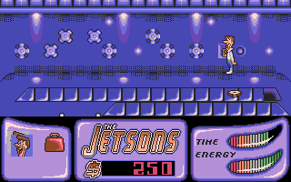 Jetsons: The Computer Game (DOS) screenshot: George can hold an useful item taking one from hatches activated by buttons on the wall.