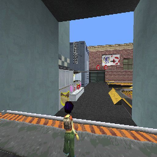 Razor Freestyle Scooter (PlayStation) screenshot: This is Amy at the start of a practice session. There are some red discs in the distance, these are wheels which serve as tokens in this game