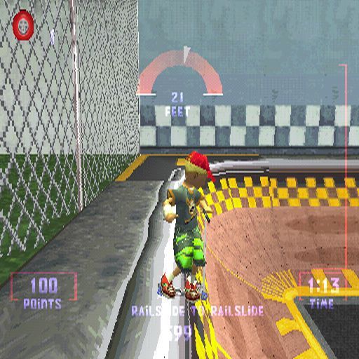 Razor Freestyle Scooter (PlayStation) screenshot: Chad is sliding along the rails to score points. The countdown timer is in the lower right