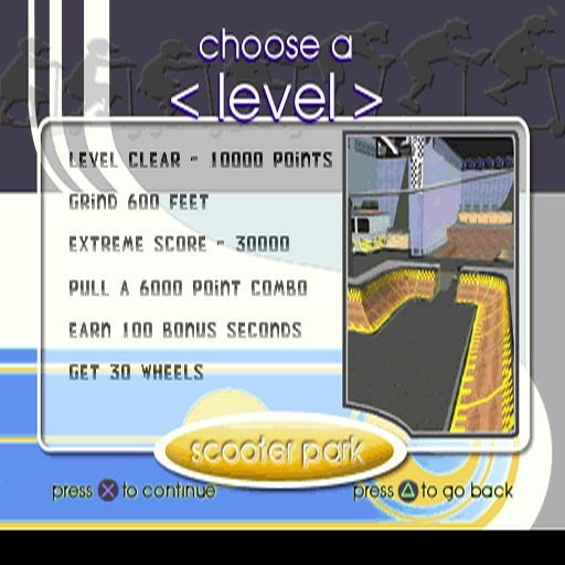 Razor Freestyle Scooter (PlayStation) screenshot: Playing the game. These are the objectives needed to clear the first level. The level is timed so scoring extra seconds to increase the time limit is important