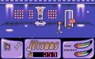 Jetsons: The Computer Game (DOS) screenshot: Now George can fix an elevator (out of order) with wrench in his inventory to progress further on level.