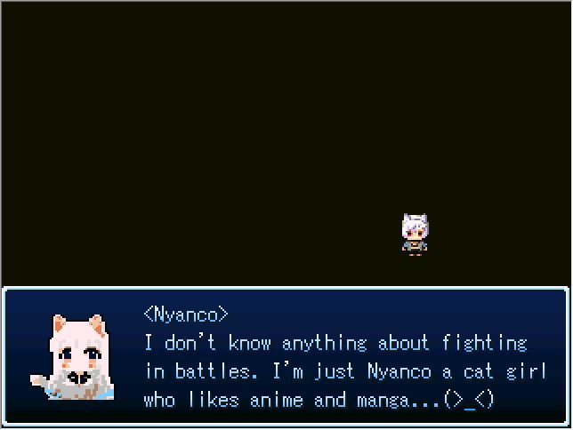 Nyanco Project (Windows) screenshot: This is the game's main character, a cat girl who likes anime and manga, she's currently talking to an unseen presence who will reveal themselves as Sword Spirit