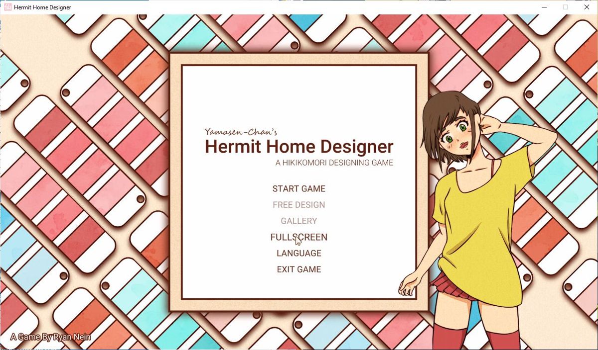 Hermit Home Designer (Windows) screenshot: The title screen and main menu.<br>The player can choose between English or Spanish languages<br>The background is a selection ofpaint charts that move