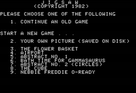 Jigsaw (Apple II) screenshot: Main Menu