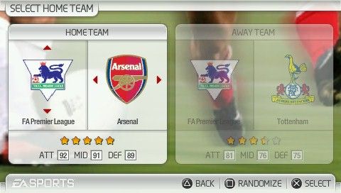 FIFA Soccer (PSP) screenshot: Team selection for a quick game