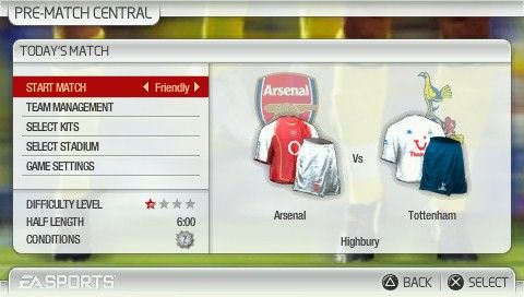 FIFA Soccer (PSP) screenshot: Options before starting a match