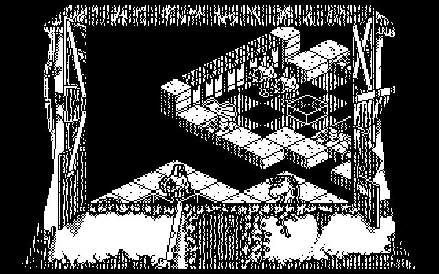 Chess Housers (DOS) screenshot: Training level start, CGA black & white in 640x200 (doubled horizontal lines, here emulated in DOSbox, just as on a normal screen)