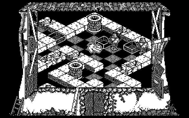 Chess Housers (DOS) screenshot: A couple of Rooks in the corners. Step in their path and they stomp you flat. Block with pawns.