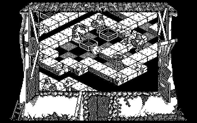 Chess Housers (DOS) screenshot: Here is a reverse situation, I need to position the powderkeg horsie near the breakable walls, and then have a pawn run at it full speed.