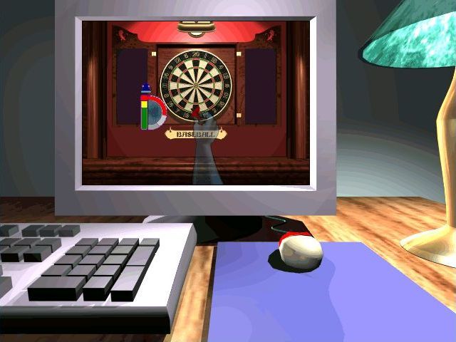 Elite Darts (Windows) screenshot: A scene from the tutorial movie showing mouse control of a virtual arm. The game's power meter is shown on the screen