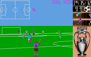I Play: 3-D Soccer (Atari ST) screenshot: Raising the hand indicates you want the ball