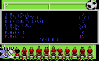 I Play: 3-D Soccer (Atari ST) screenshot: Game settings: you can adjust difficulty 0-99, graphic details and activate the intro (the camera is flying over the pitch)