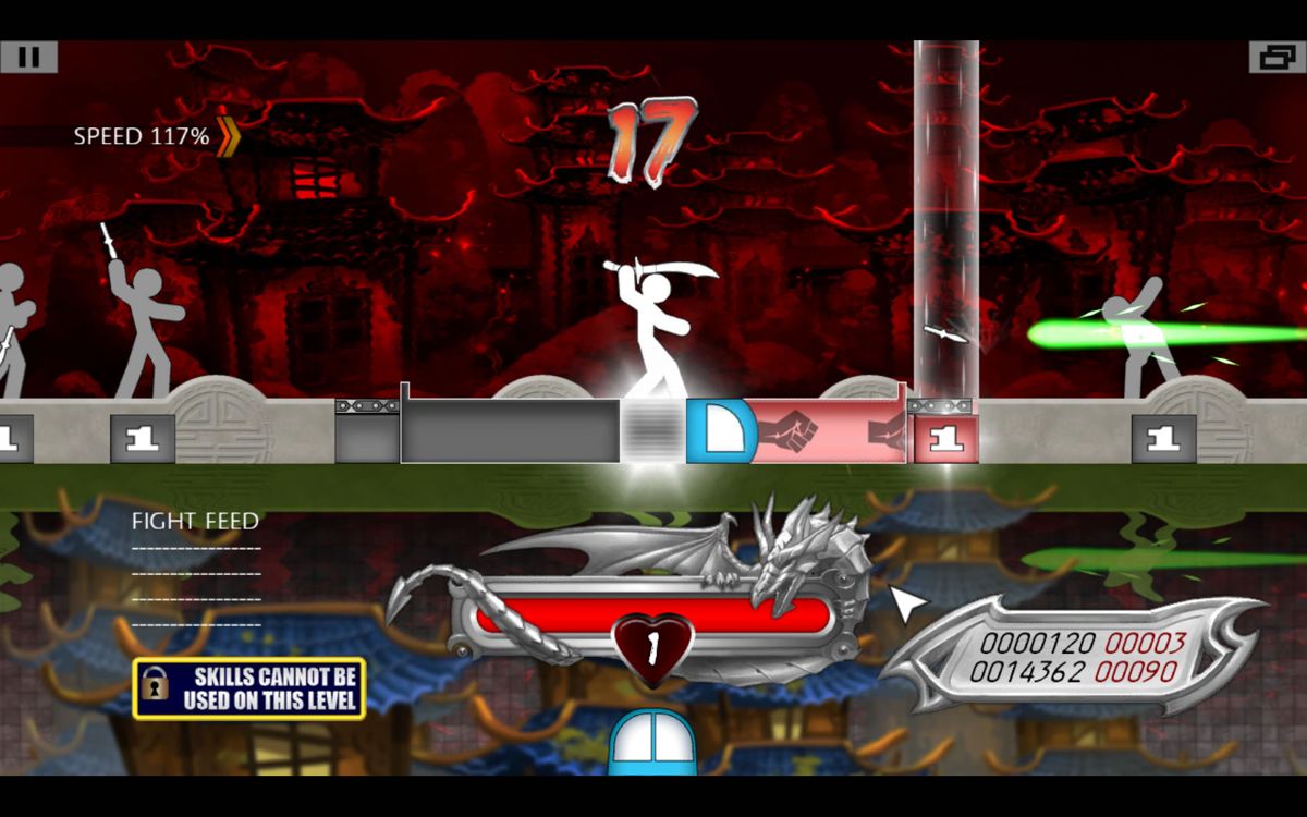 One Finger Death Punch (Windows) screenshot: In a defense round you cannot attack, you only deflect the incoming weapons.
